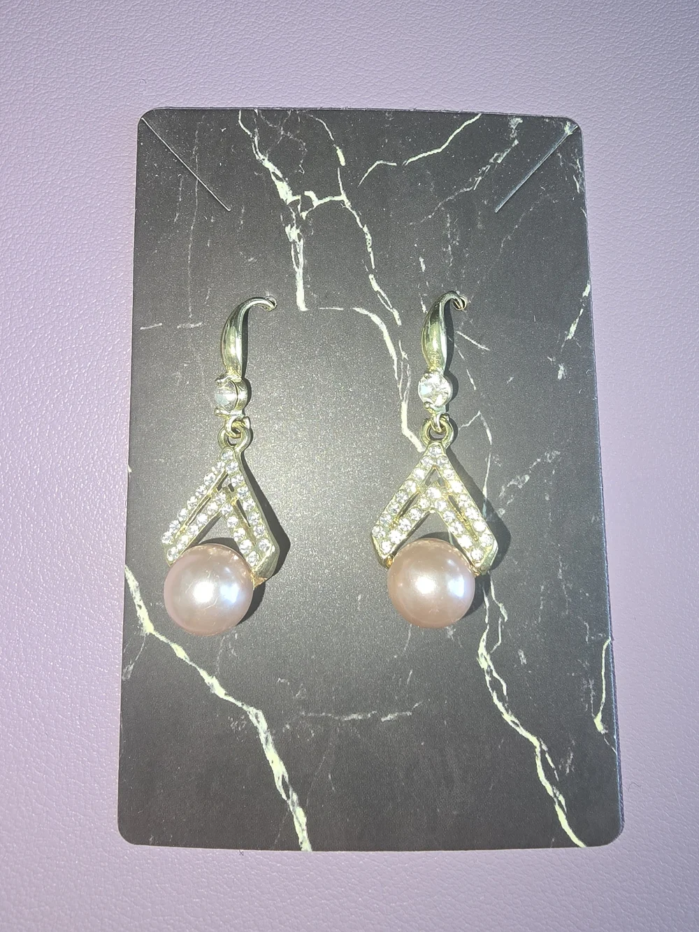 Gold-Tone Drop Earrings with Pink Pearl and Crystal Chevron Accent